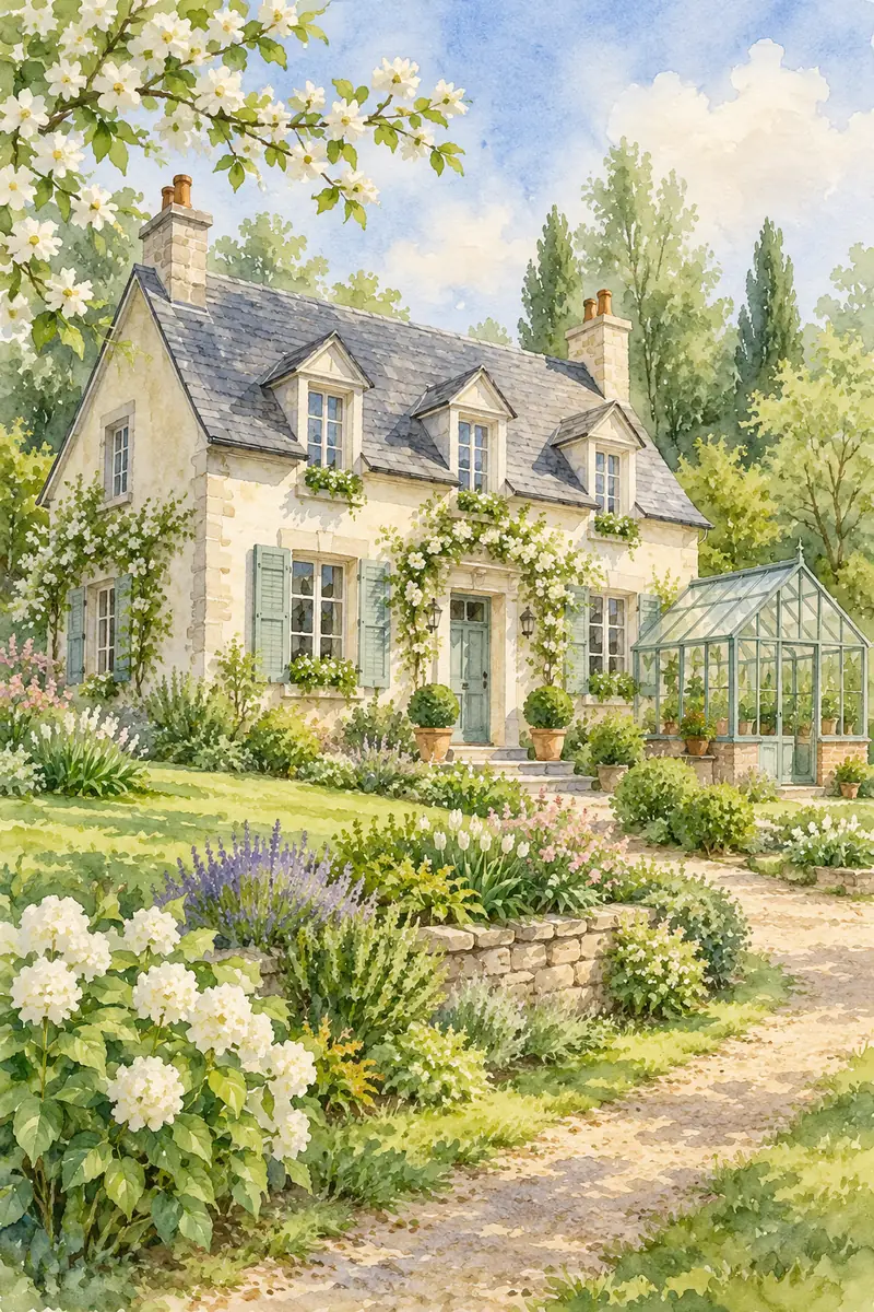 Vertical watercolor painting of a pale country house with its complete roof and facade visible, beside a small glass greenhouse amid a flowering spring garden.