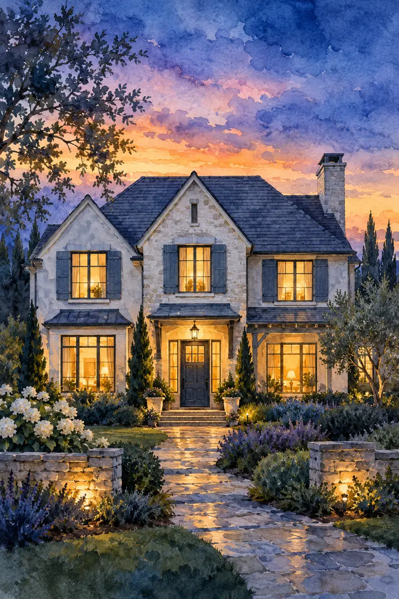 Vertical watercolor painting of a stone two-story home with a complete roof, glowing amber windows, garden silhouettes, and a blue-violet twilight sky.