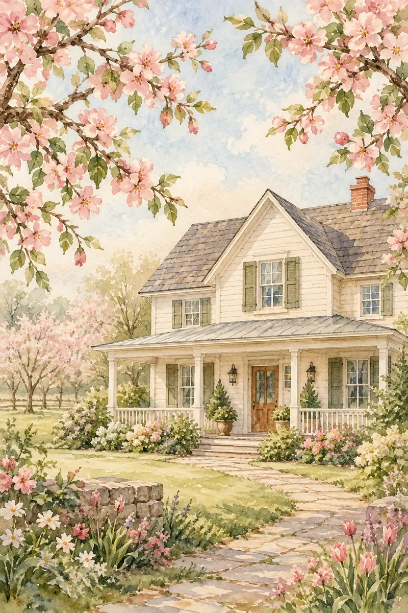 A finished watercolor painting of a cream farmhouse with a full roof and facade, framed by pink flowering branches against a pale blue sky and soft spring garden.