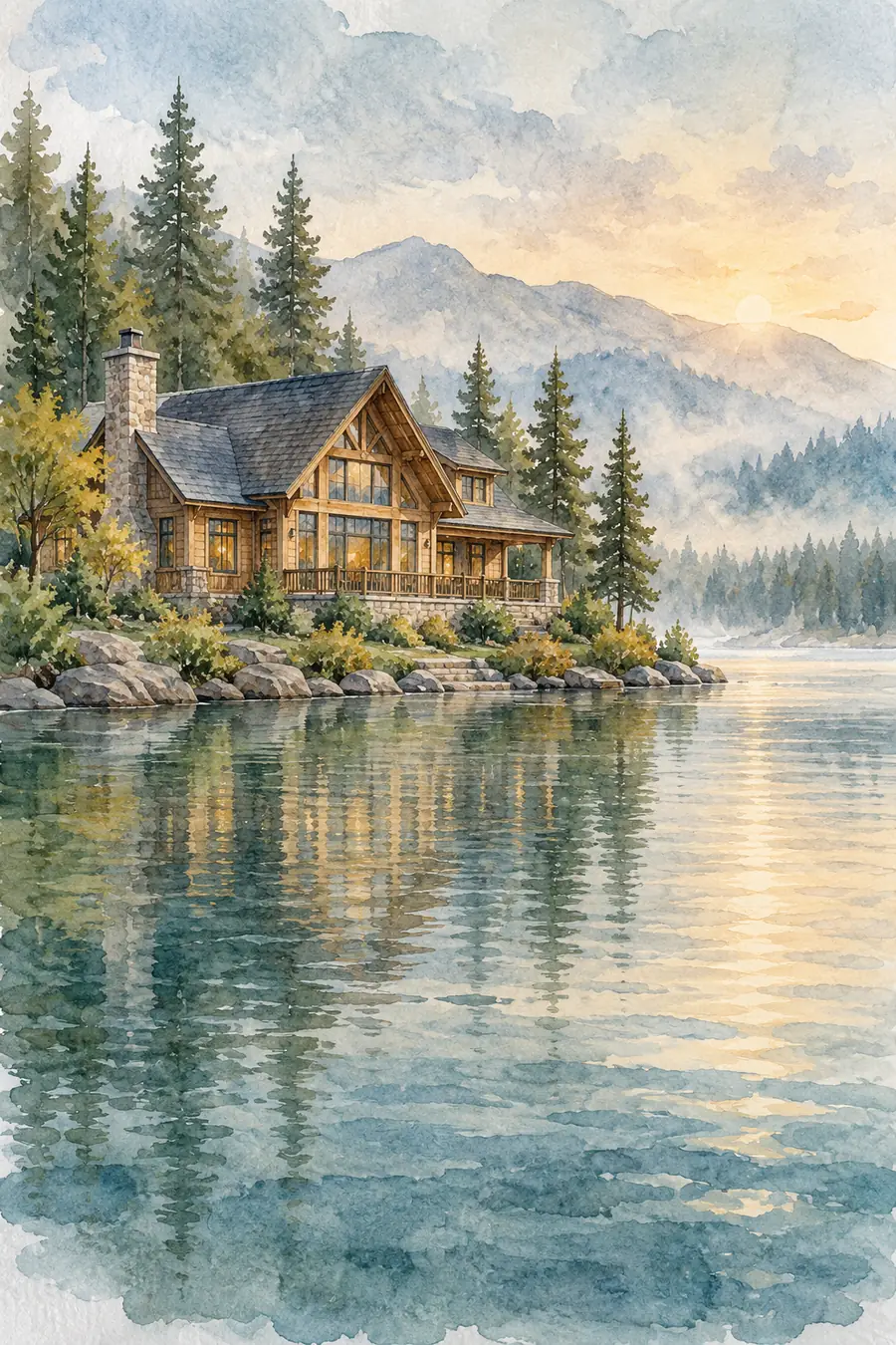 Vertical watercolor painting of a timber lakeside retreat with its full roof and facade visible, pine trees, misty mountains, and soft reflections across the lake.