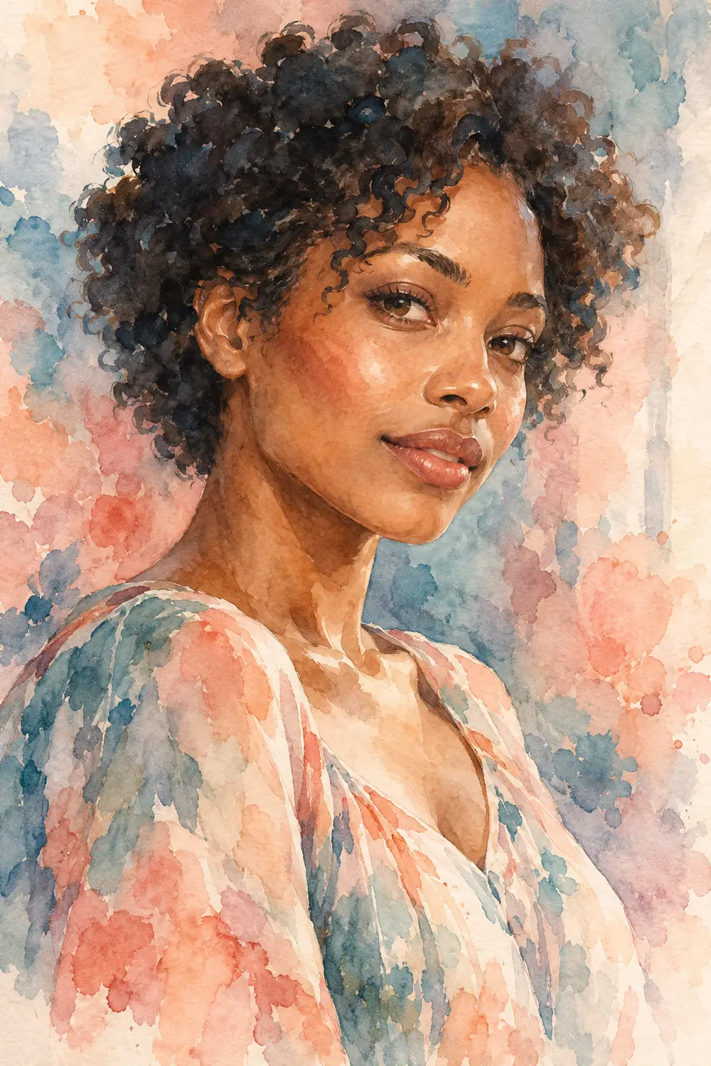 Finished watercolor portrait of a fictional adult woman with short natural curls, shown in a three-quarter pose against a pale, softly blooming wash.