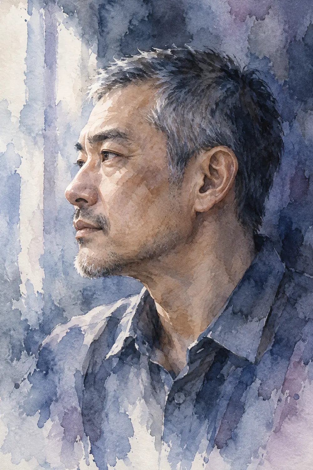A finished vertical watercolor portrait of a fictional middle-aged East Asian man in left-facing profile, wearing a collared shirt amid cool blue-violet washes and pale window light.