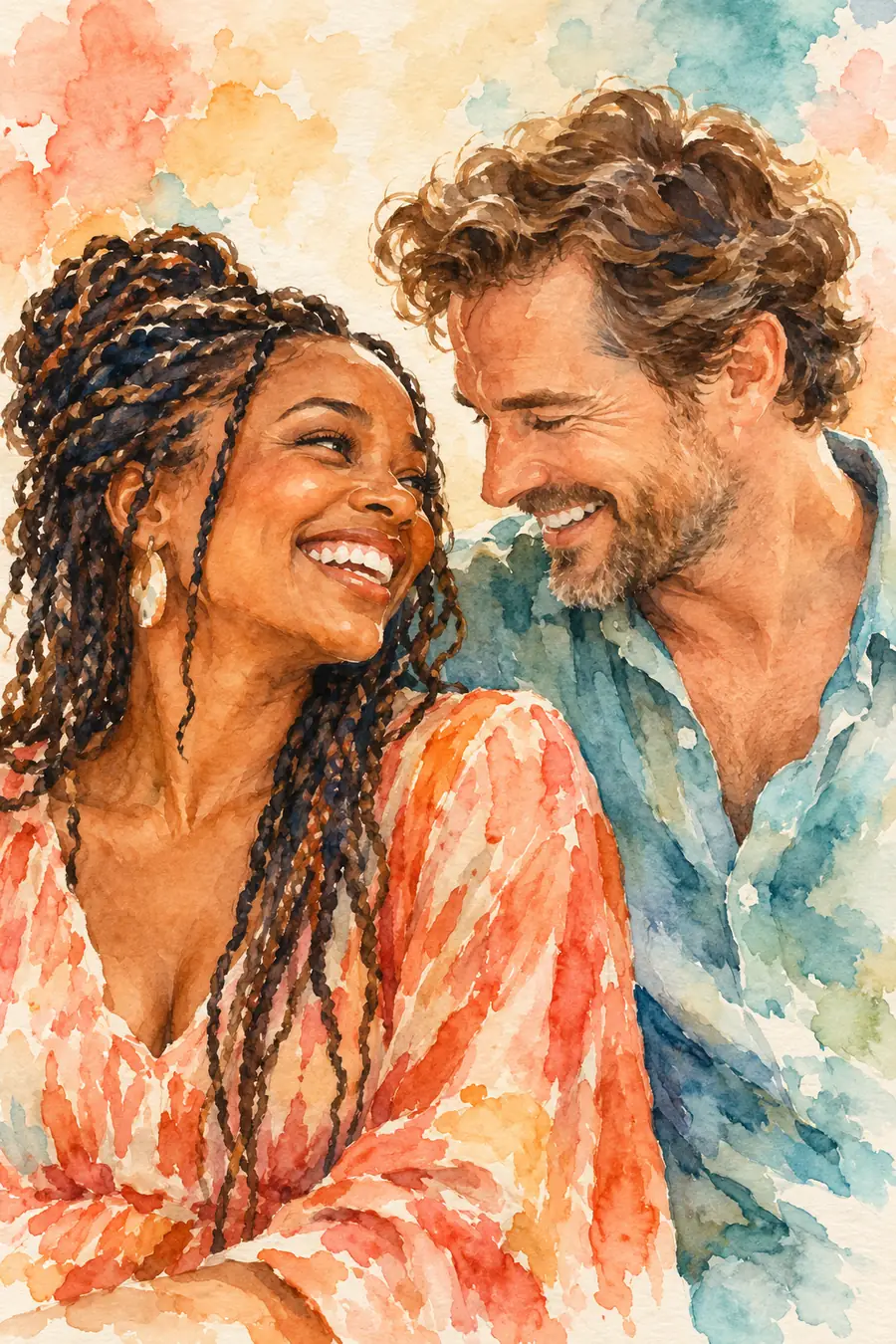 Finished watercolor portrait of a laughing Black woman with braids and a white man with wavy brown hair leaning toward one another.