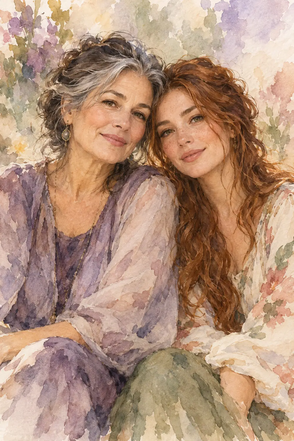 Watercolor painting of a silver-streaked-haired mother and her auburn-haired adult daughter seated shoulder to shoulder against a loose pale floral wash.