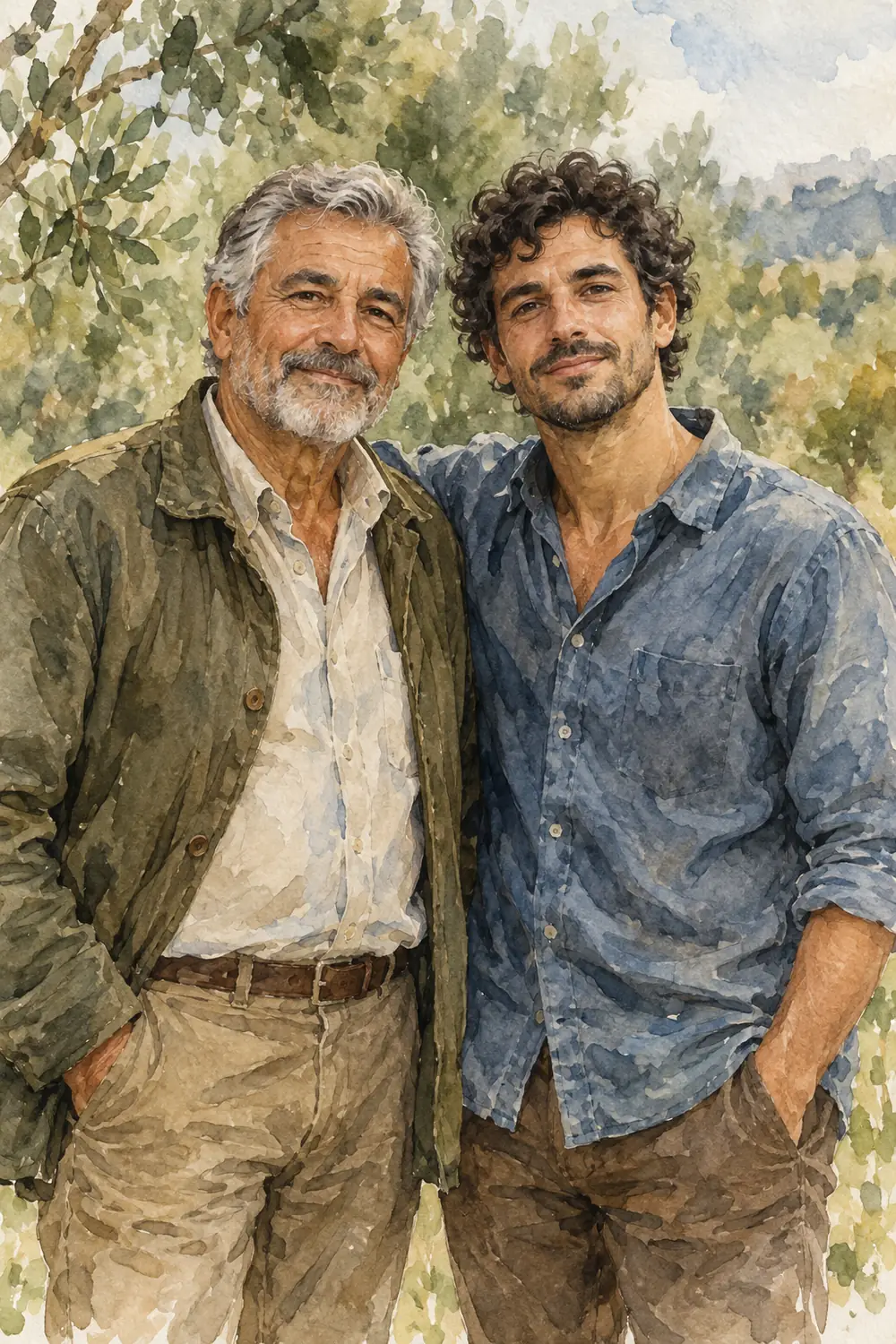 Finished watercolor portrait of a gray-haired fictional father and his dark-curly-haired adult son standing side by side against a loose green wash.