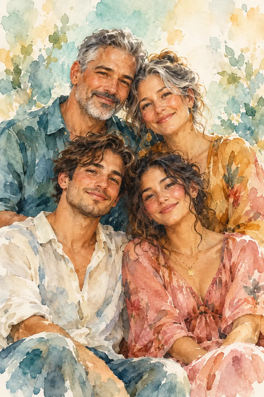 A finished watercolor painting of four adult family members seated closely together, with teal, amber, rose, and cream washes and a softly blooming pale background.