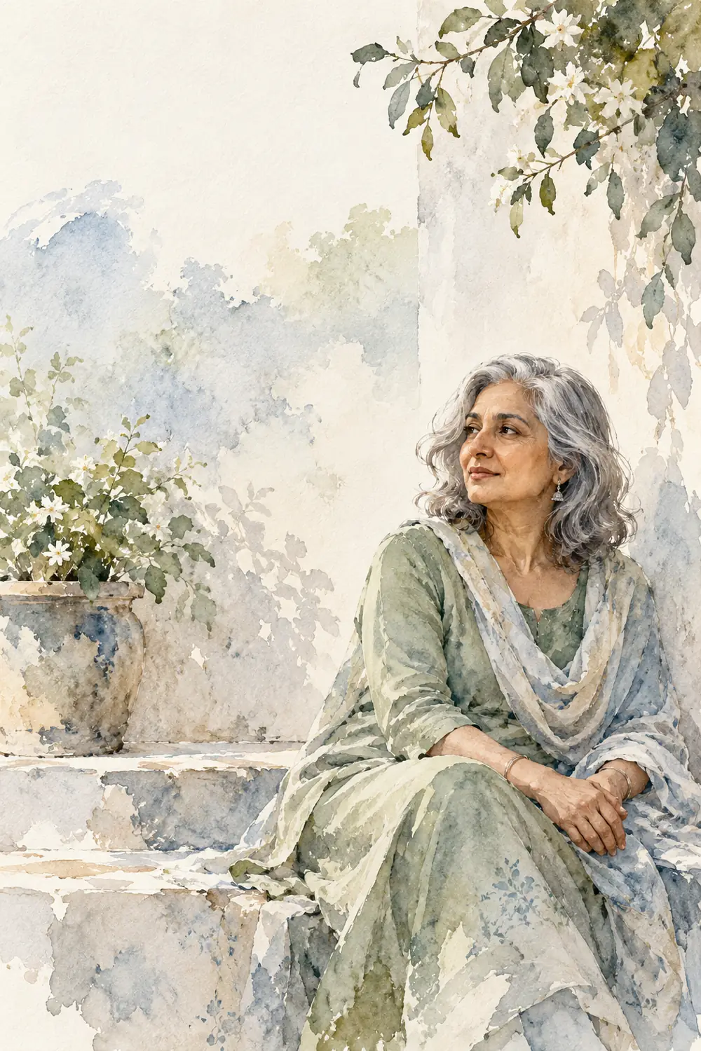 Finished vertical watercolor portrait of a seated silver-haired South Asian woman in sage and stone blue, with pale foliage, a planter, and open paper around her.