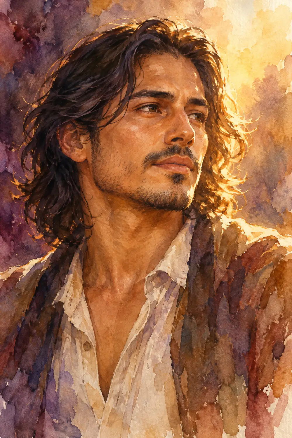 Finished watercolor portrait of a fictional adult man with shoulder-length dark hair, turned toward warm backlight against plum and pale gold washes.