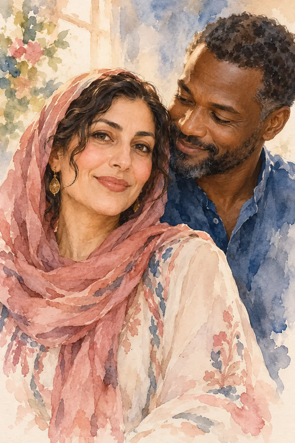 Vertical watercolor painting of a woman in a blush headscarf looking toward the viewer, with a smiling man leaning toward her from behind; loose floral washes frame them.