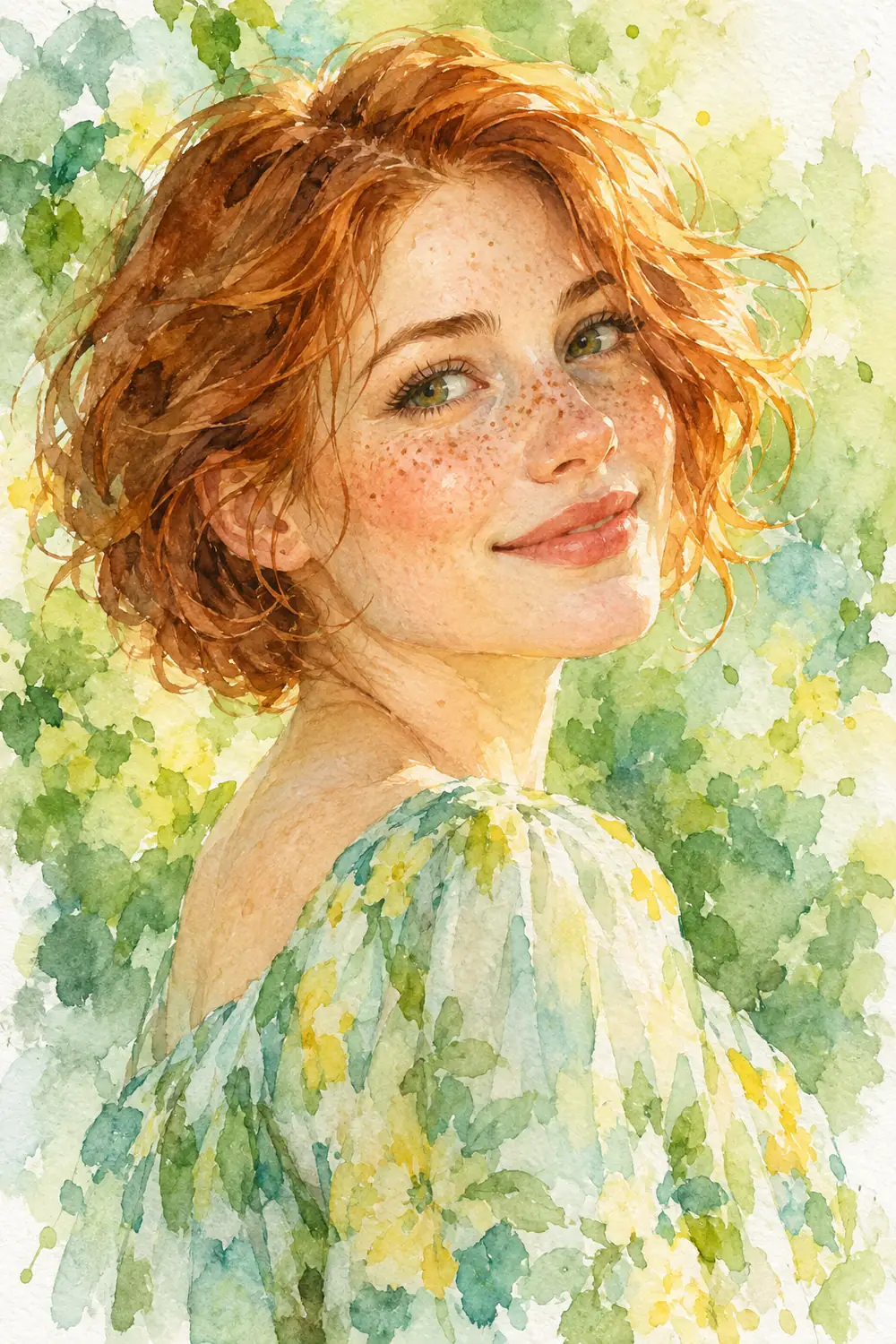 Vertical watercolor portrait of a freckled woman with short copper hair, a soft smile, and a pale turquoise blouse against loose spring-green washes.