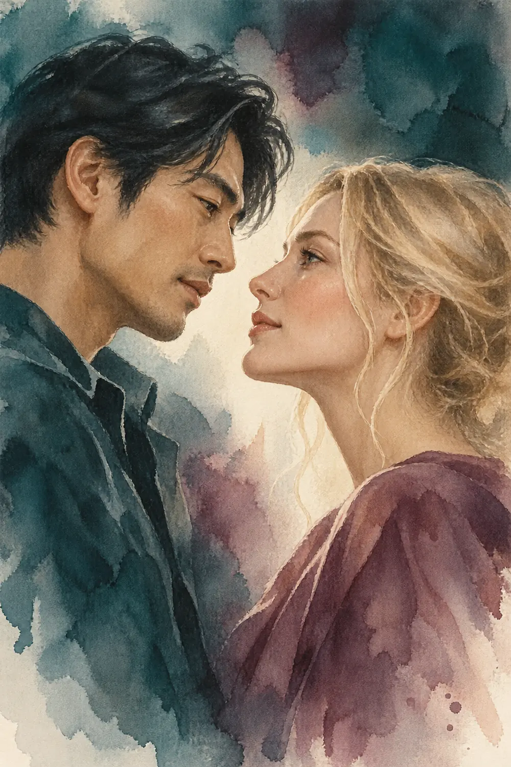 Finished watercolor portrait of a dark-haired East Asian man and blonde white woman facing one another in profile, painted in deep teal, muted plum, and warm ivory.