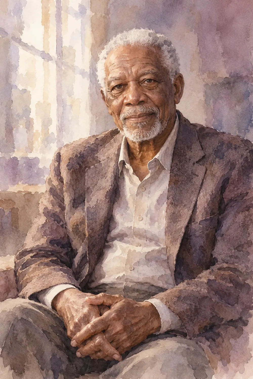 Vertical watercolor portrait of a fictional older Black man with close-cropped white hair, seated with clasped hands in pale window light.