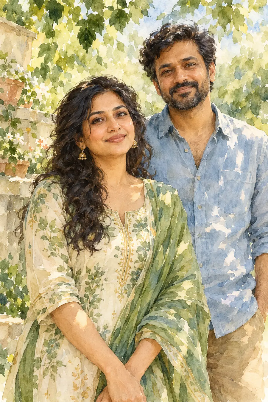 Finished vertical watercolor portrait of a South Asian woman in front of her adult brother, surrounded by loose green foliage washes.