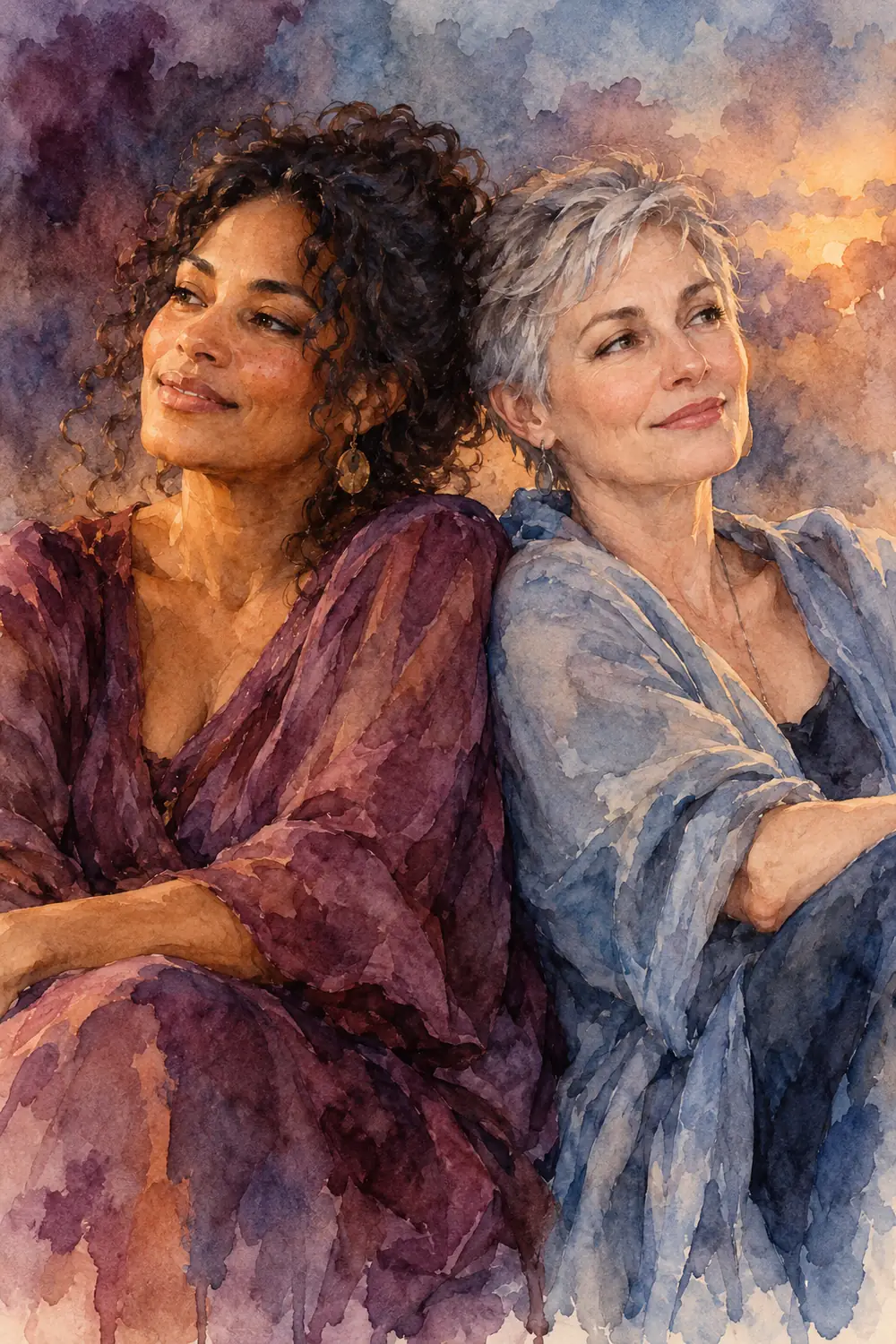 Vertical watercolor painting of two fictional adult women seated close together, one with dark curls and medium-brown skin and the other with cropped gray hair and pale skin, in plum and blue clothing against a softly washed amber evening background.