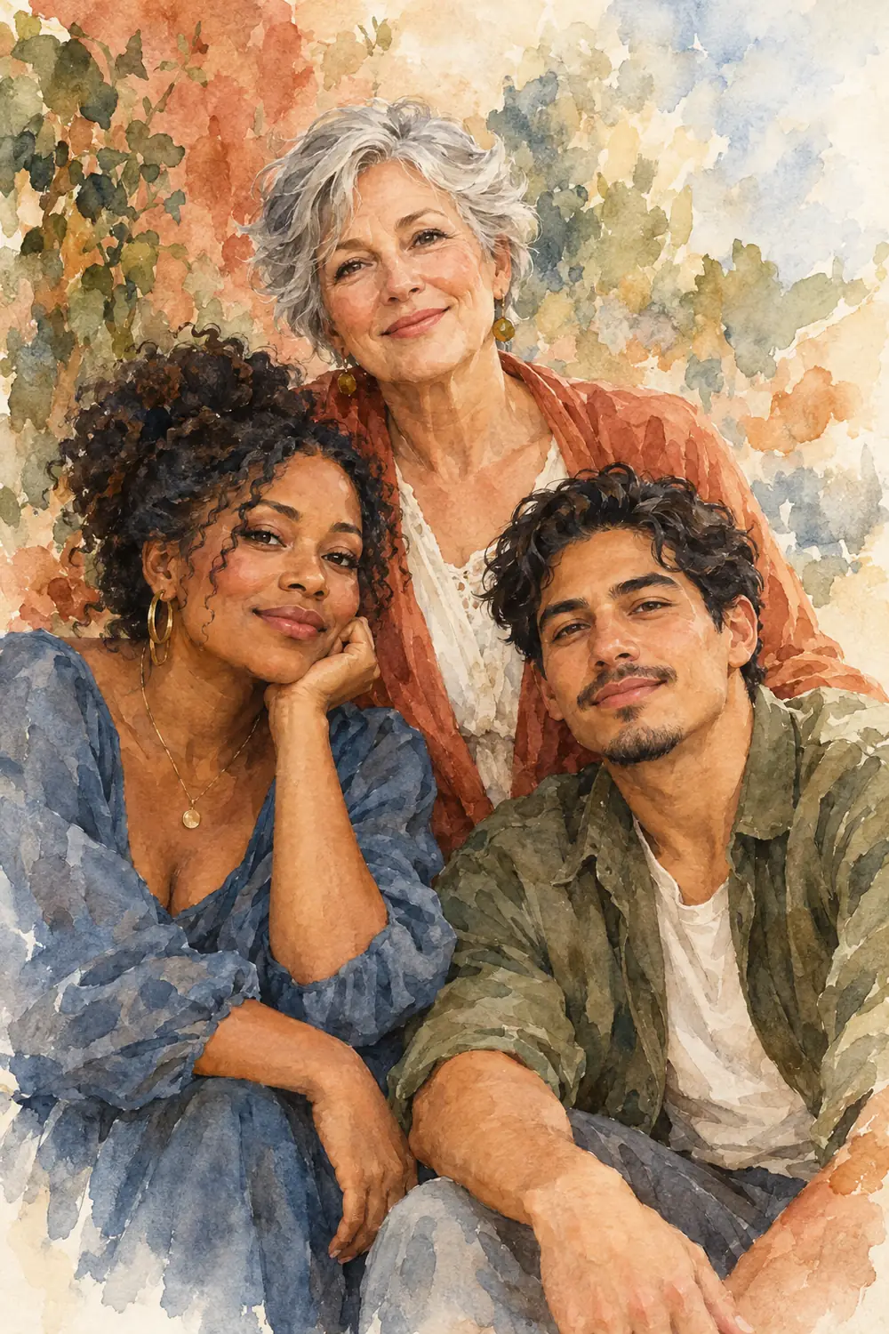 Finished vertical watercolor portrait of a gray-haired mother with her adult daughter and son, arranged closely in a loose triangle against a pale, blooming wash background.