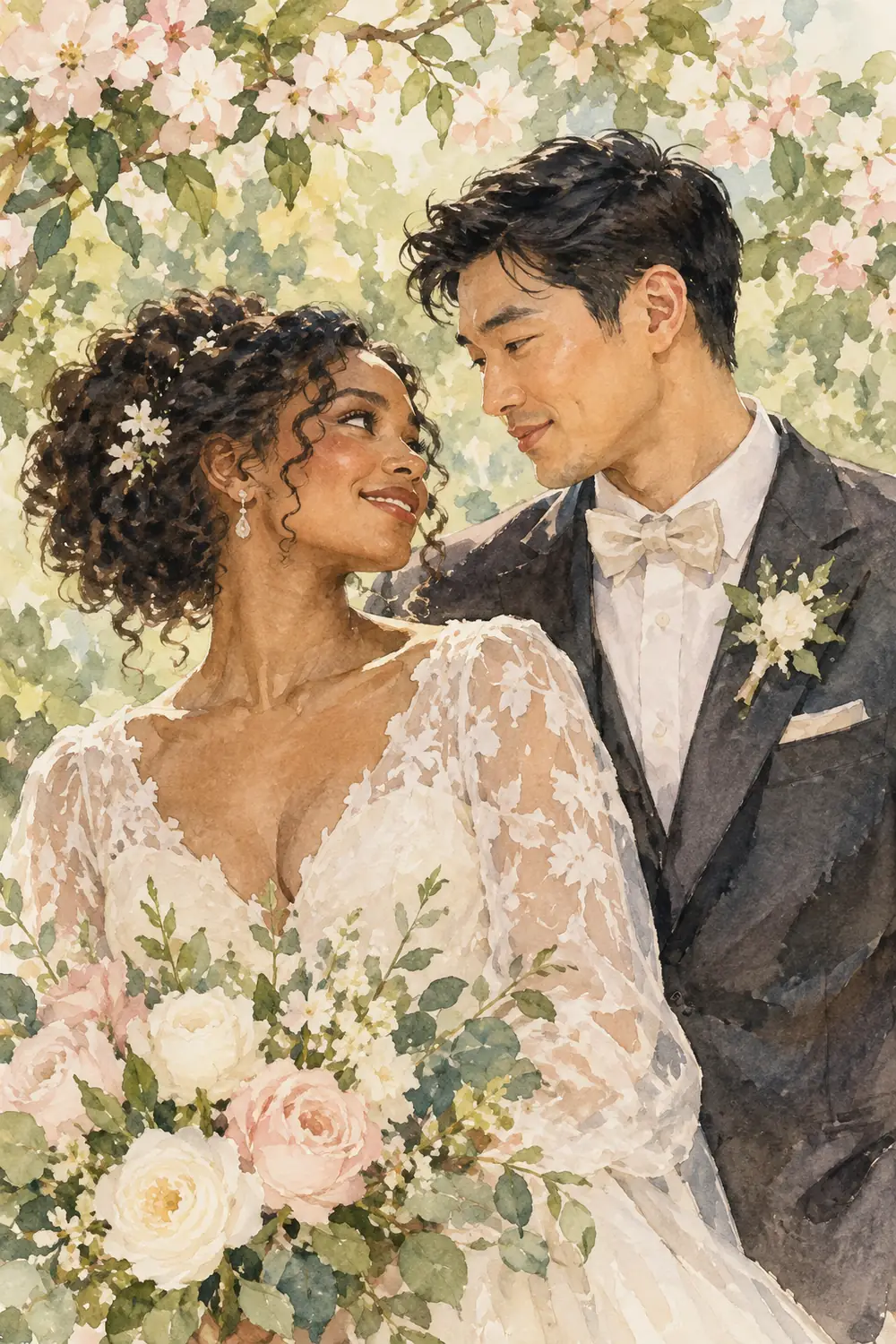 Watercolor wedding portrait of a Black woman with natural curls and an East Asian man in elegant wedding clothes beneath pink blossoms.