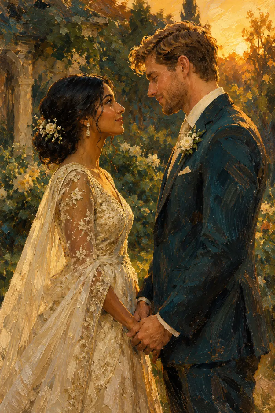 Vertical oil painting of a South Asian bride and sandy-haired groom holding hands in profile in a golden-hour garden.