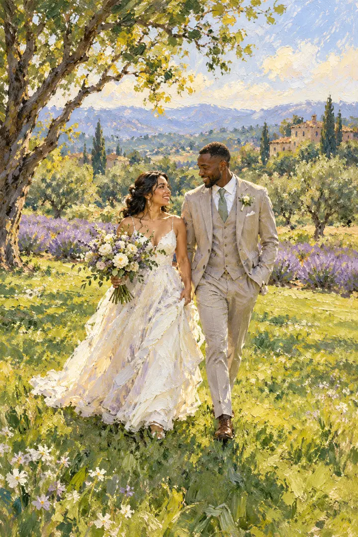 Impressionist painting of a Latina bride and Black groom walking together on a sunlit lawn bordered by lavender flowers and trees.