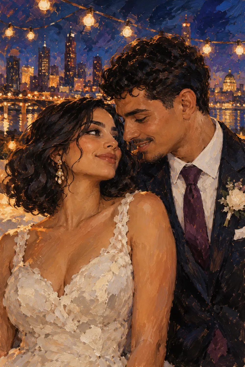 Textured acrylic wedding portrait of a dark-haired woman and short-curled man leaning together beneath glowing city lights.