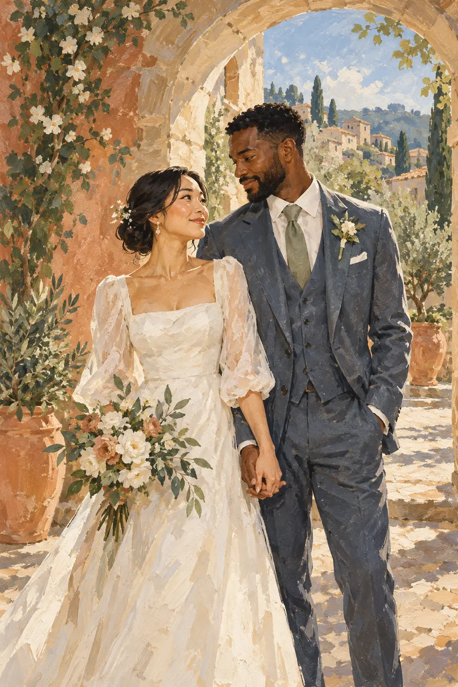 Textured gouache painting of an East Asian bride and Black groom holding hands beneath a sunlit stone courtyard arch.