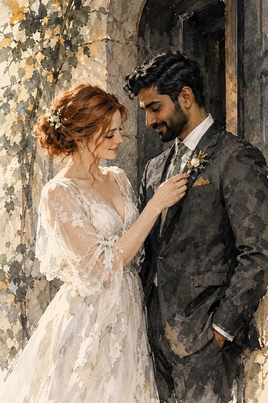 Ink wash wedding painting of an auburn-haired woman adjusting the lapel of her bearded partner in a dark suit.