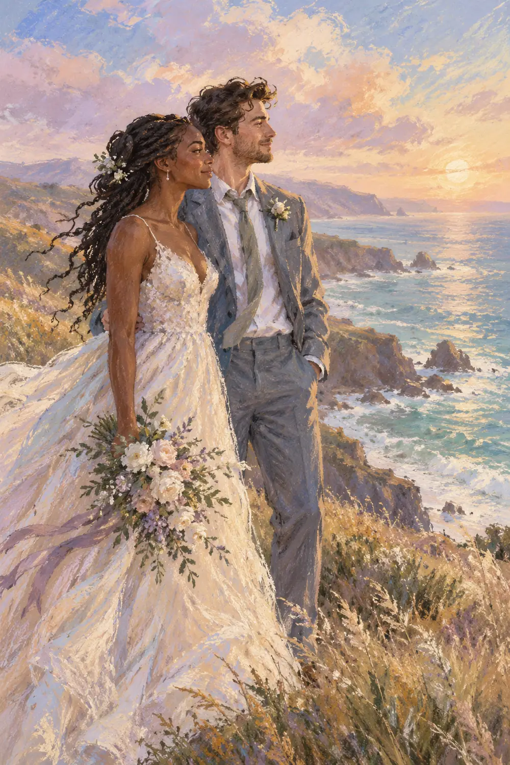 Pastel-style painting of a Black bride with braided hair and a white groom with dark wavy hair standing together above the sea at sunset.