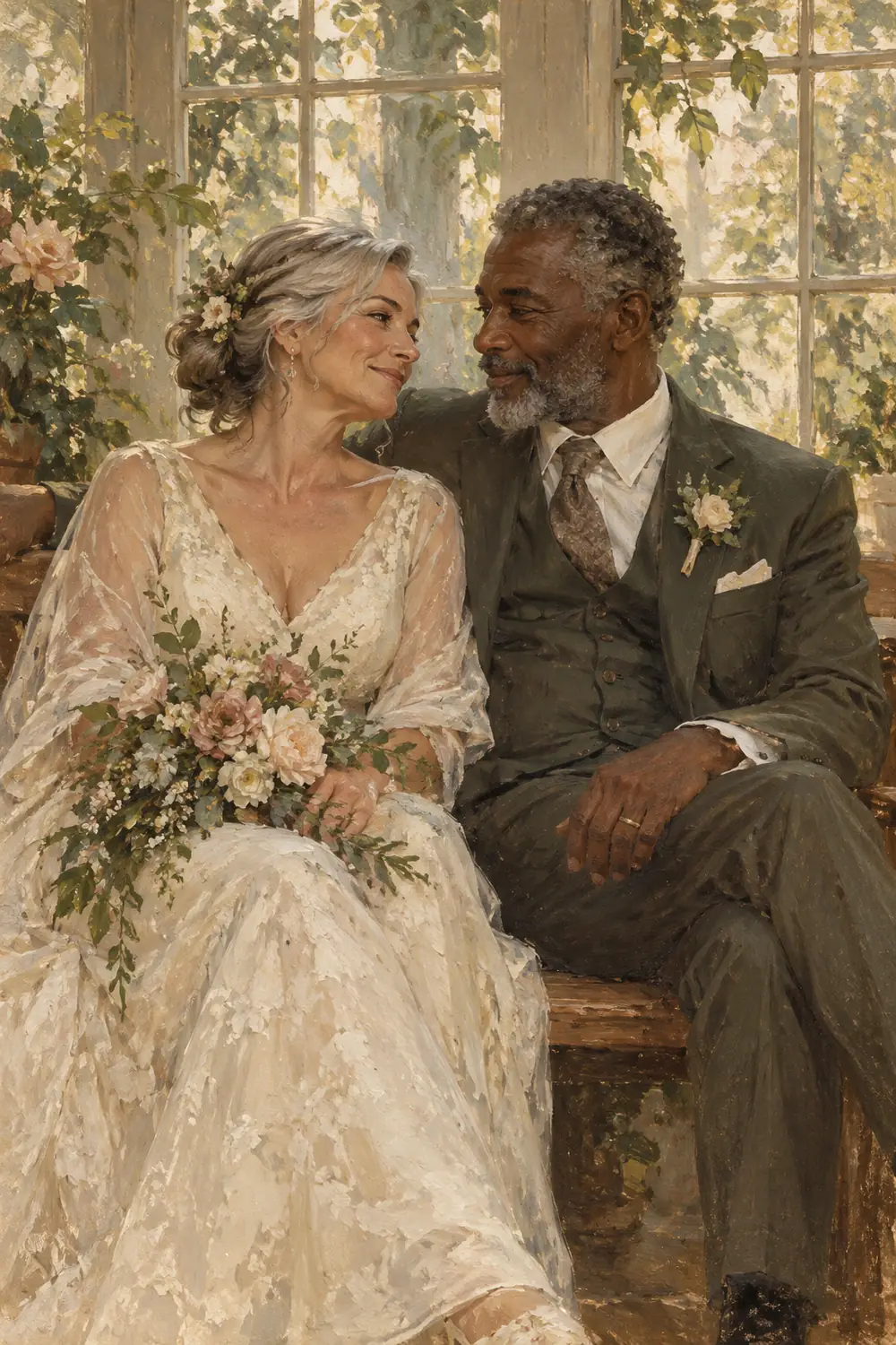 Vintage-style painted wedding portrait of an older bride and a salt-and-pepper-haired groom seated together in a bright, leafy sunroom.