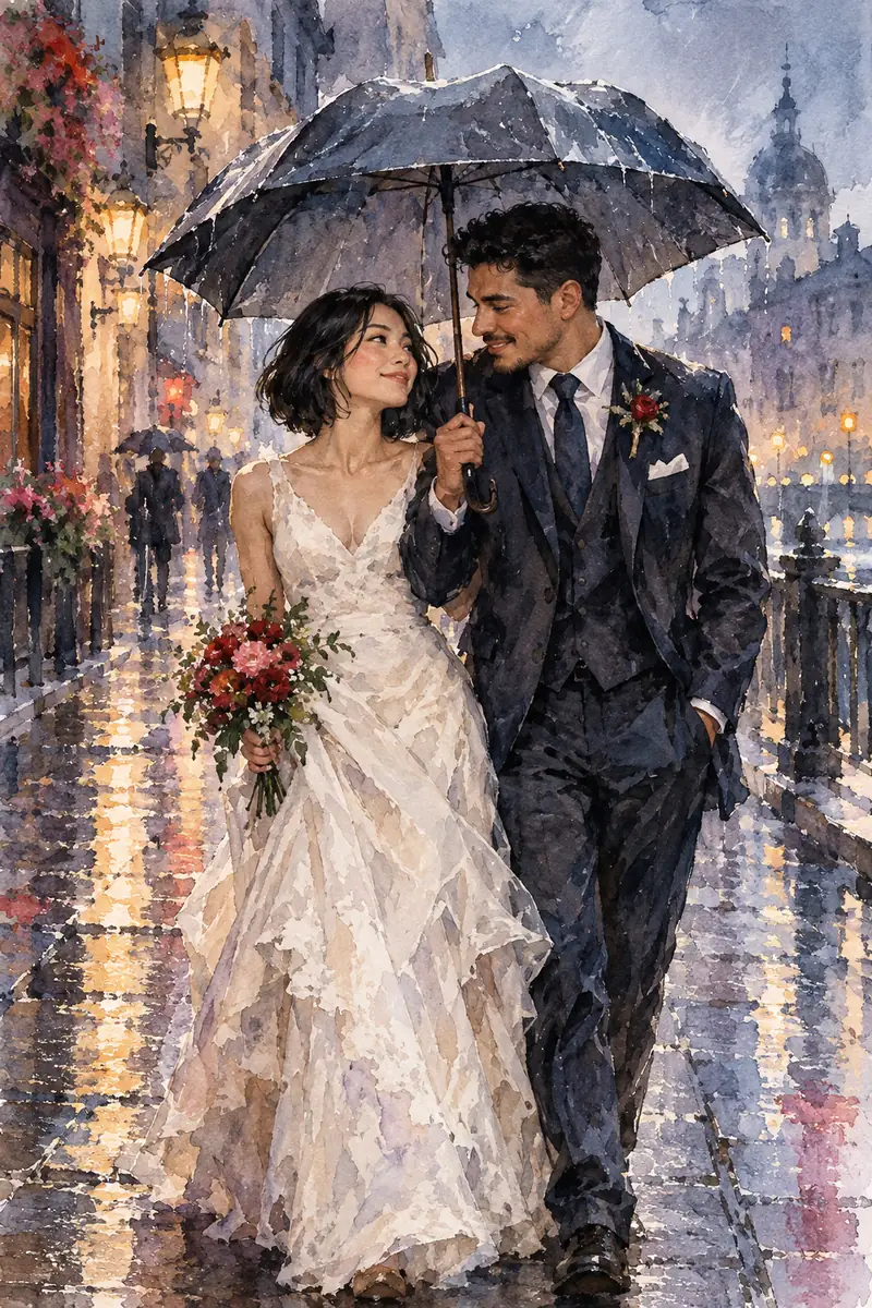 Watercolor wedding portrait of an East Asian bride with a short bob and a Latino groom in a dark suit, sharing an umbrella on a reflective rainy city street.