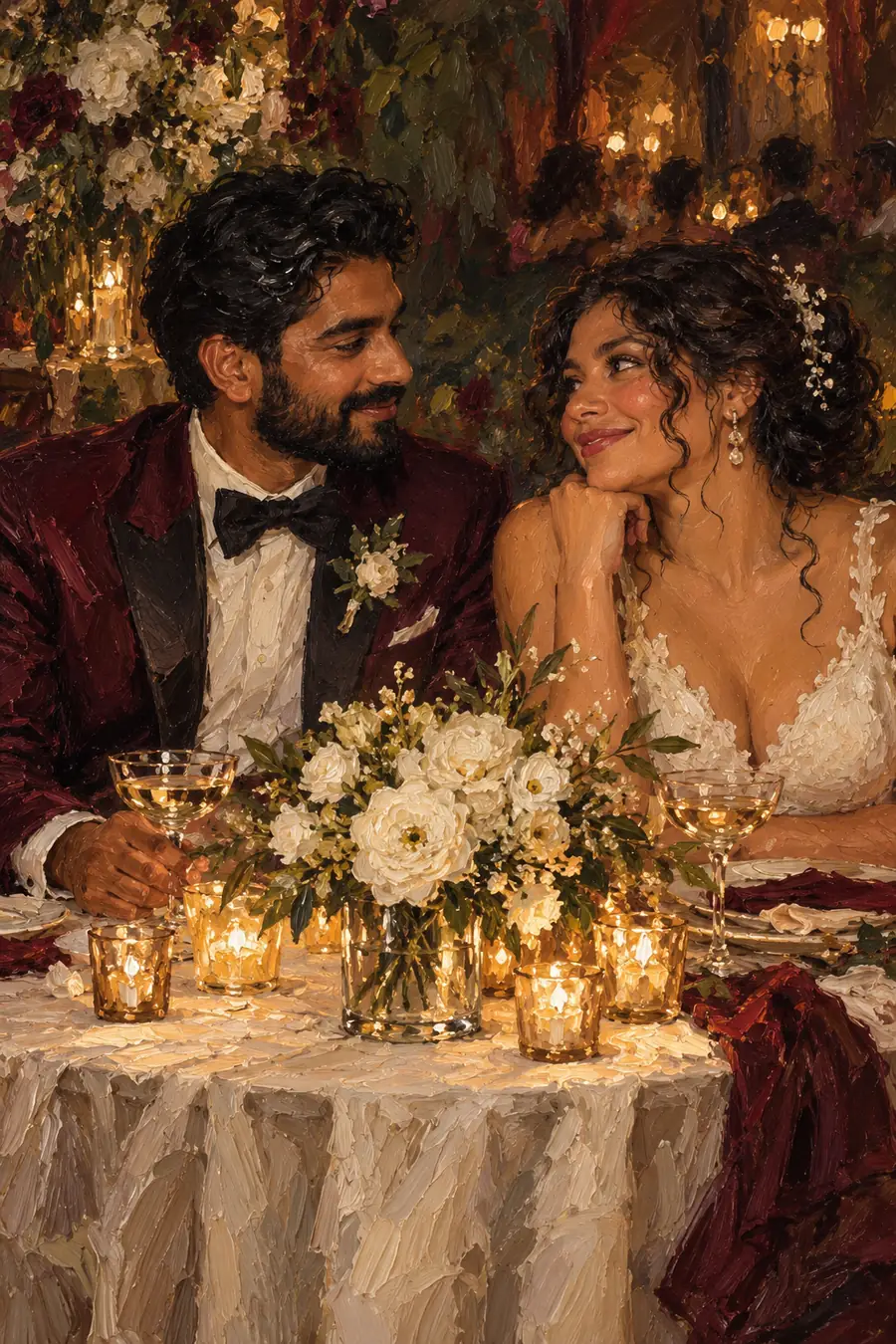 Textured oil painting of a bearded man and a dark-curled woman seated together at a candlelit wedding reception table with white flowers.