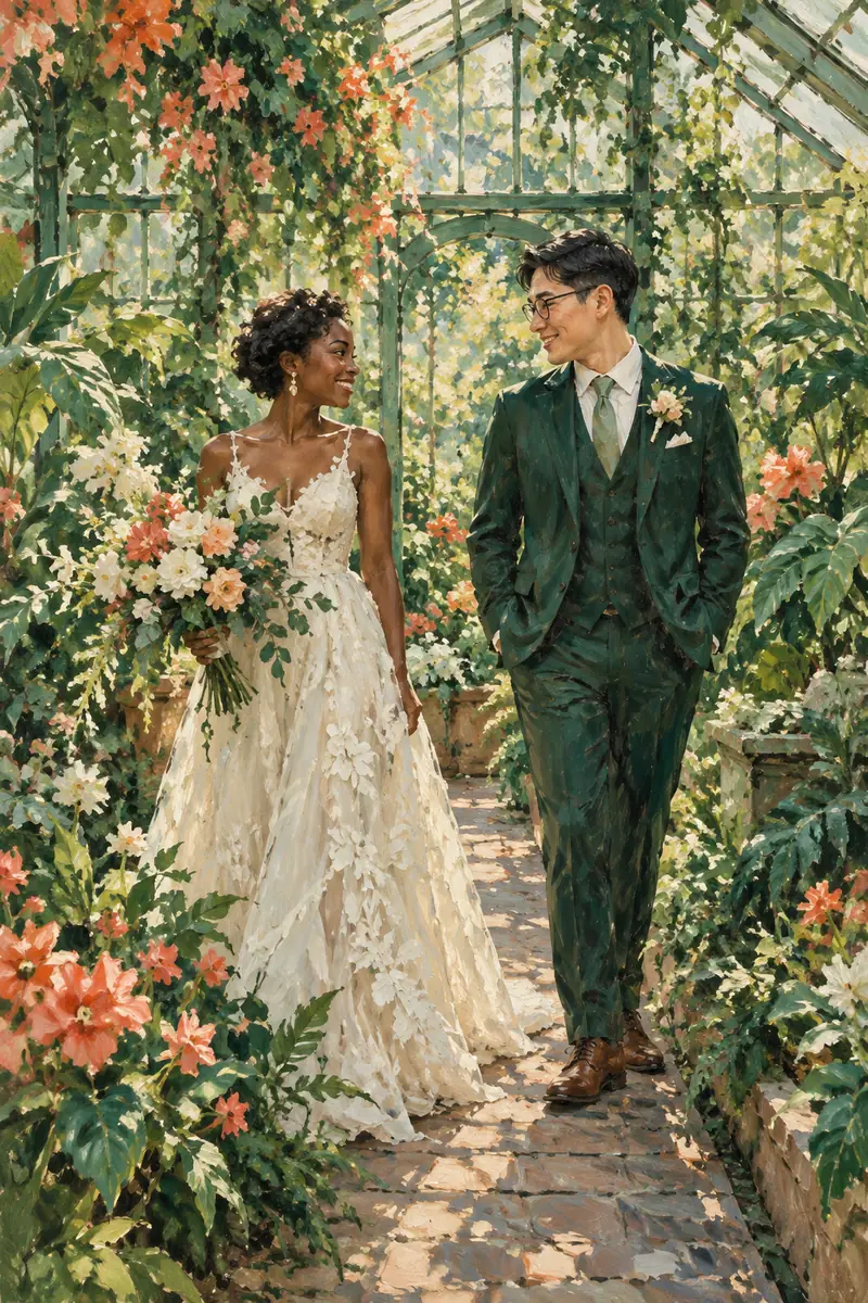 Impressionist wedding painting of a Black bride in an ivory gown and an East Asian groom wearing glasses and a dark green suit, facing each other among greenhouse plants.