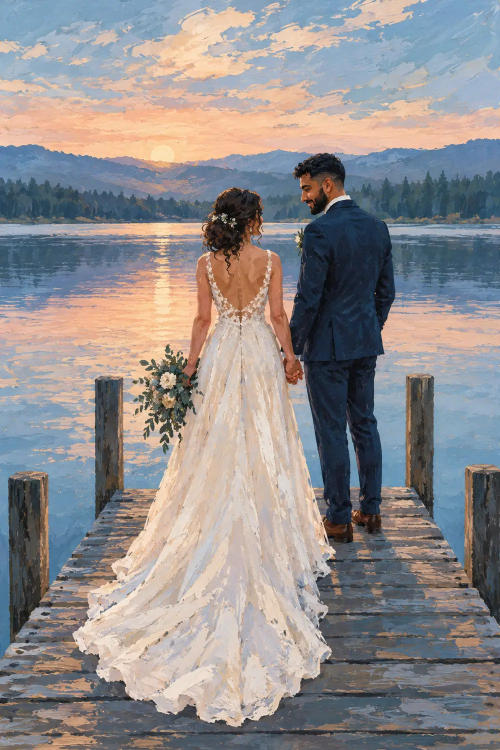 Vertical gouache wedding portrait of a dark-curled bride and bearded groom standing hand in hand on a wooden dock at dawn, facing a still lake and distant hills.