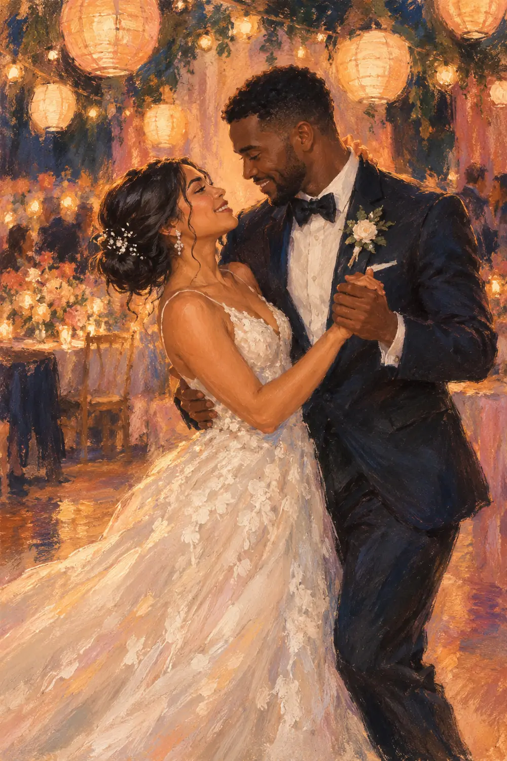 Pastel-style painting of a Latina bride and Black groom dancing beneath warm reception lanterns.