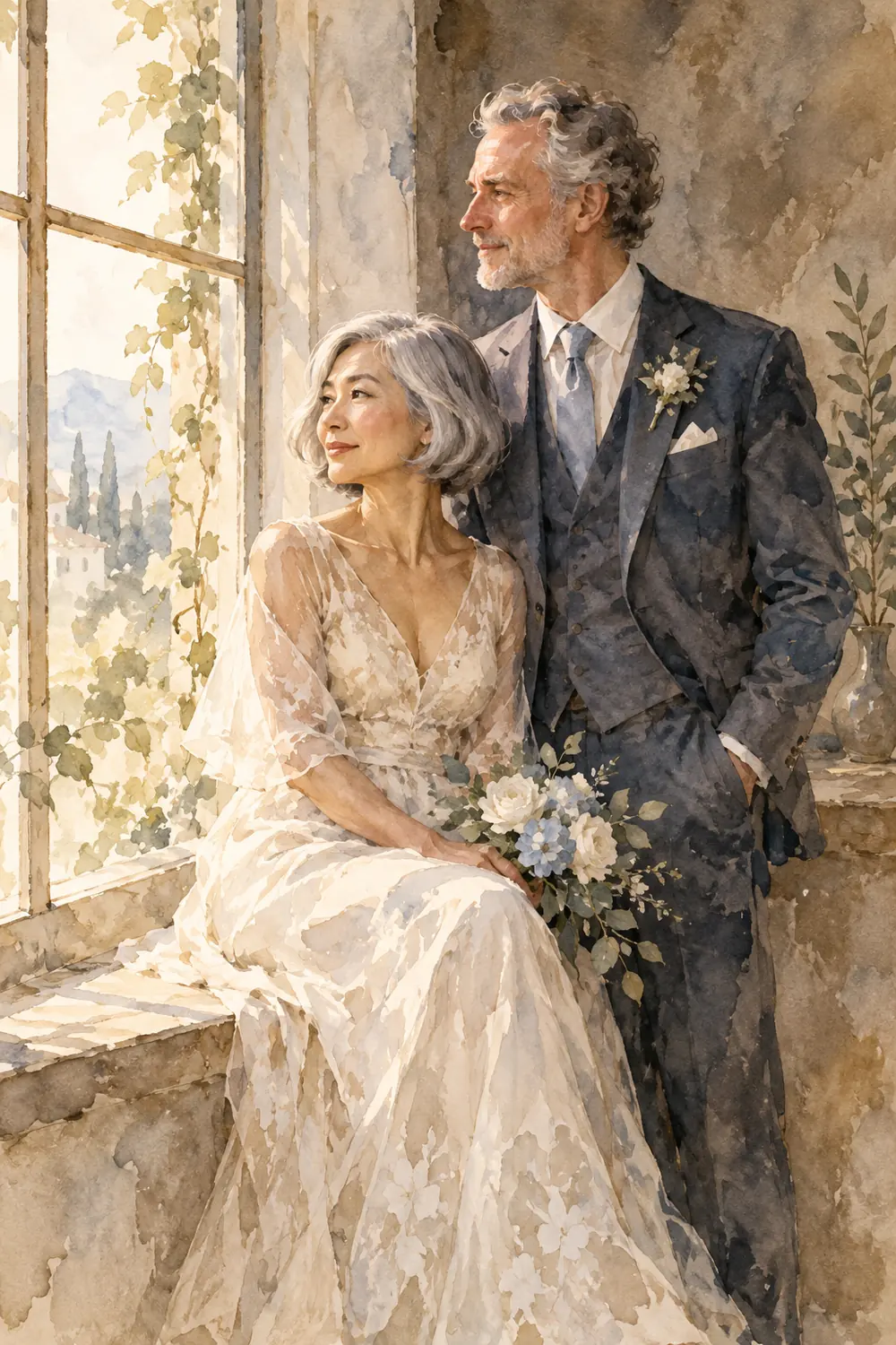 An ink wash wedding painting of a silver-haired woman seated on a window ledge beside her gray-curled partner, both facing soft window light.