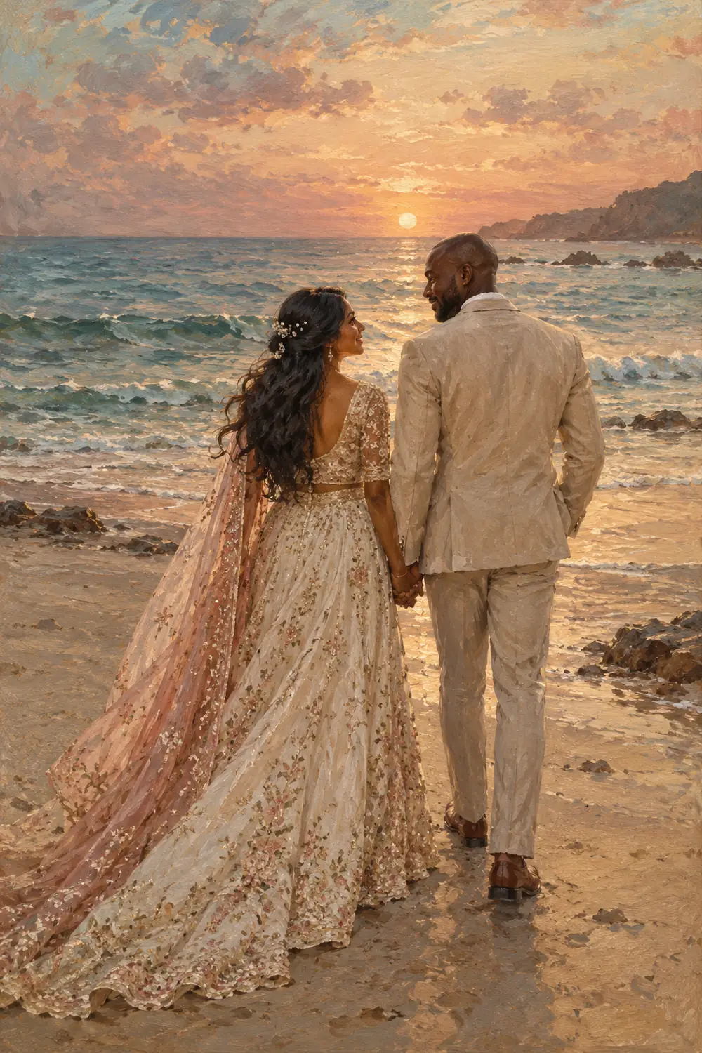 Vintage-style full-length painting of a South Asian bride and Black groom holding hands and turning toward each other on a sunset shore.