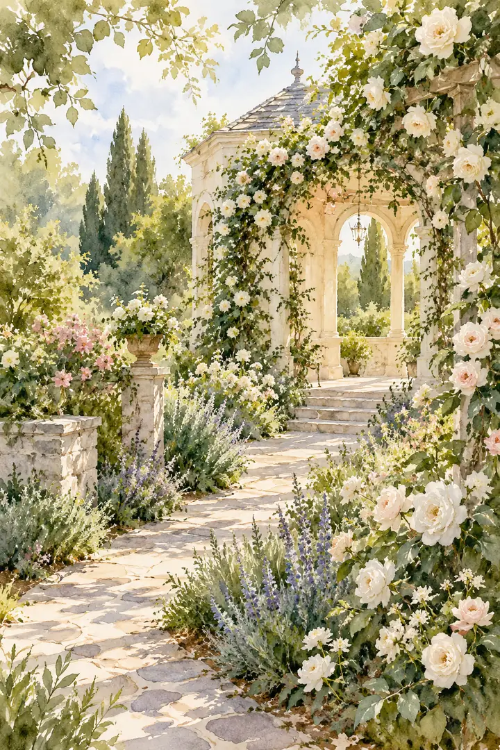Vertical watercolor painting of a rose-covered garden arbor and pale-stone pavilion, reached by a winding path through flowers and greenery.