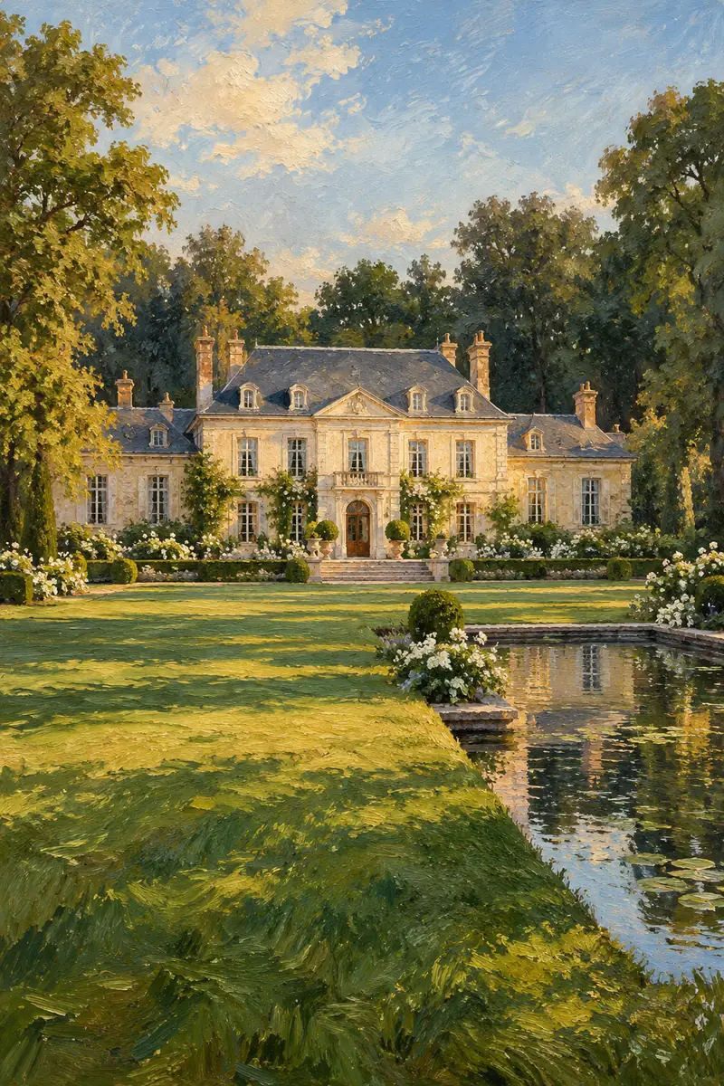 Vertical oil painting of a pale manor wedding venue beyond a broad lawn, framed by trees, with a narrow reflective pond in warm afternoon light.