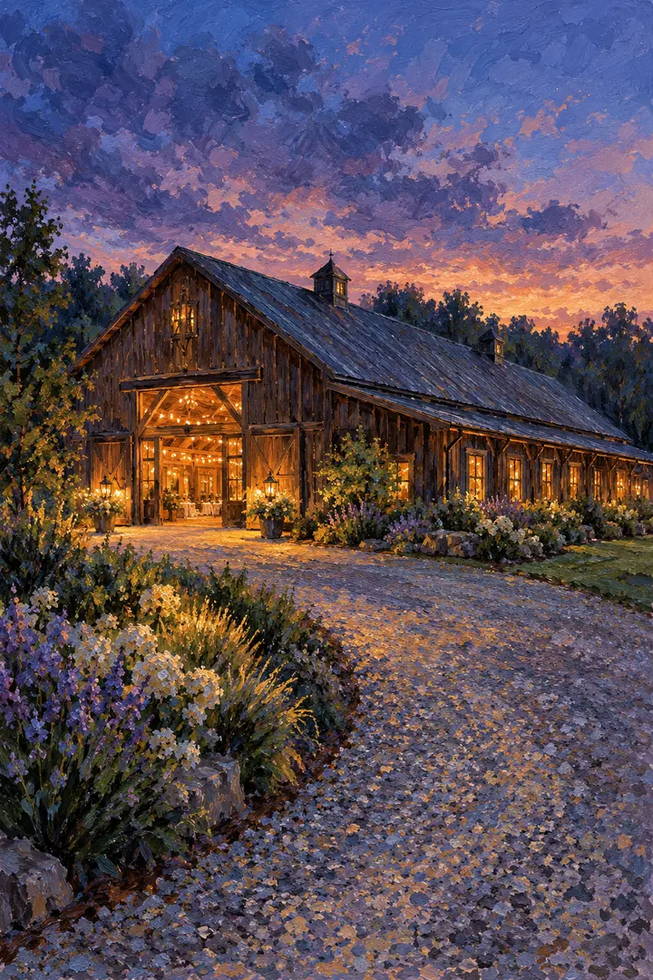 Impressionist painting of a dark timber barn wedding venue at dusk, with warm lanterns and a gravel approach.