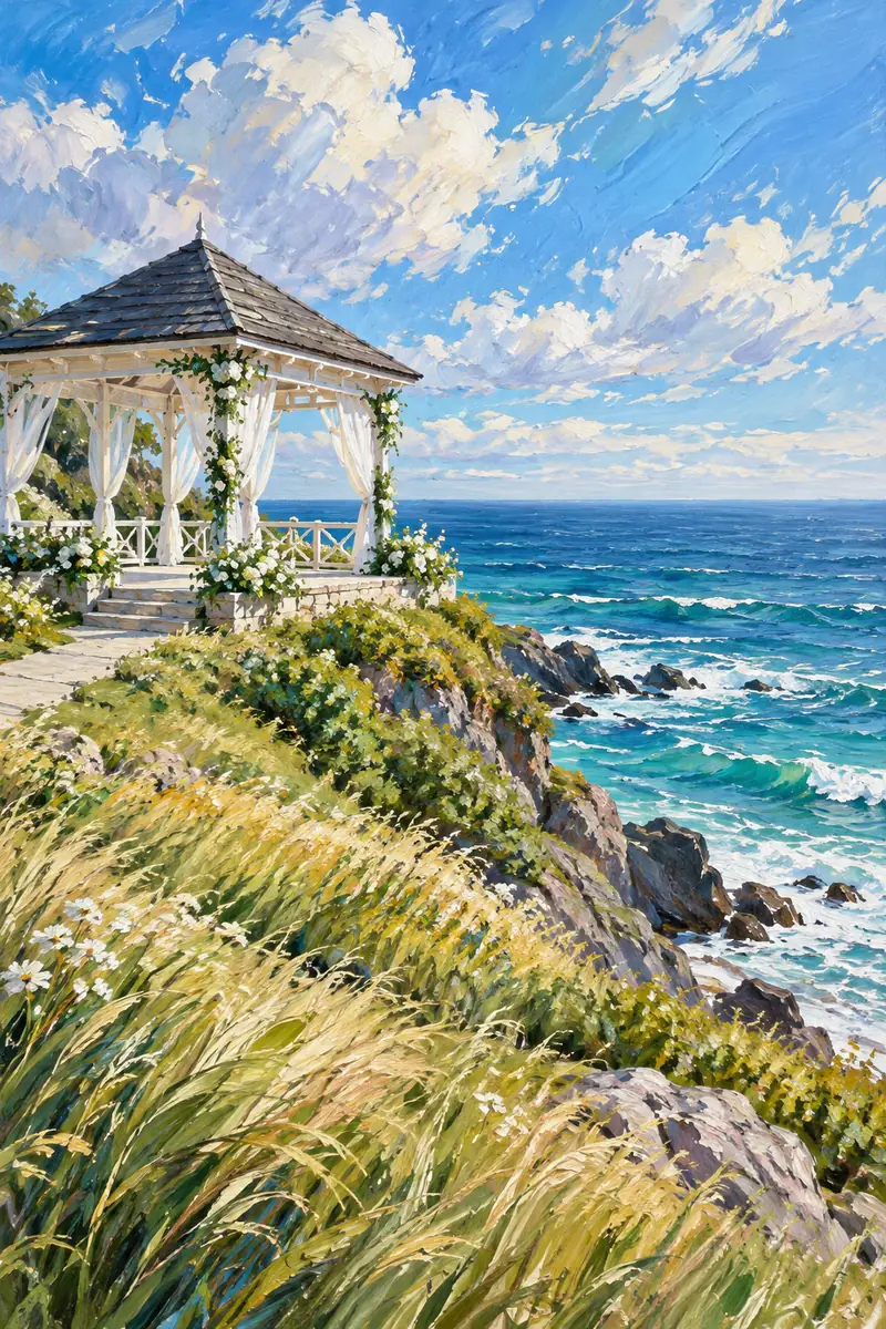 Acrylic painting of a white coastal pavilion on a grassy bluff above a blue sea under a bright, breezy sky.