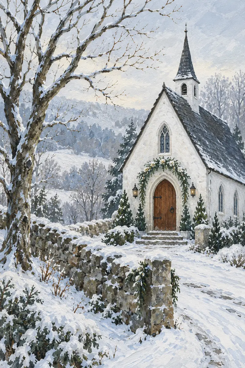 Textured gouache painting of a white chapel wedding venue in a snowy courtyard, with a bare branching tree and low stone wall.