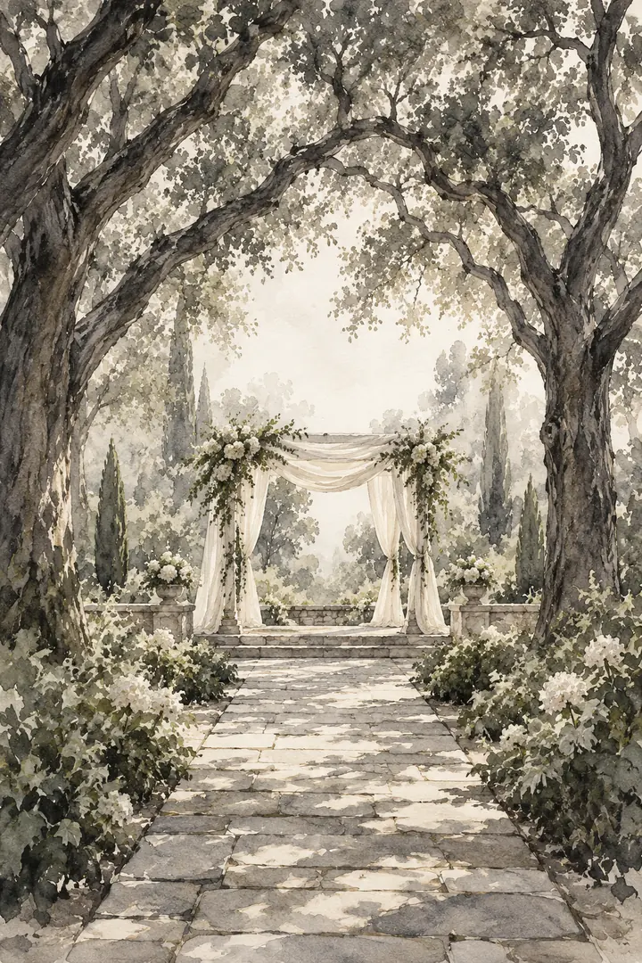 Vertical ink wash painting of a cream ceremony canopy at the end of a flagstone path, framed by arching mature trees and soft morning mist.