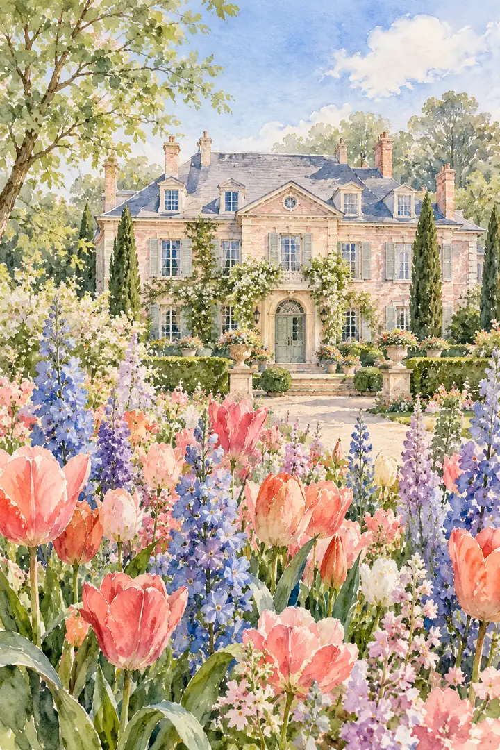 Vertical watercolor painting of a pale brick manor wedding venue framed by coral tulips and lavender delphiniums in a spring garden.