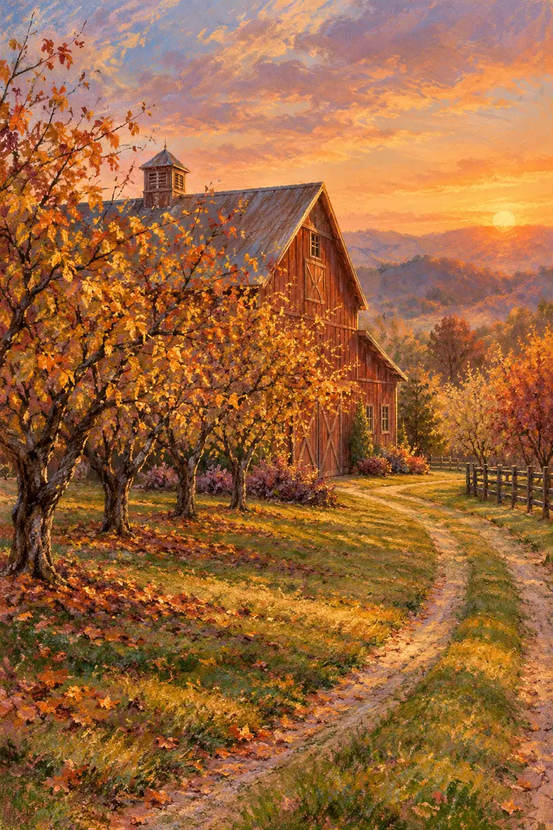Vertical pastel painting of a red-brown barn wedding venue behind autumn orchard trees, with a curving lane and golden sunset over hazy hills.