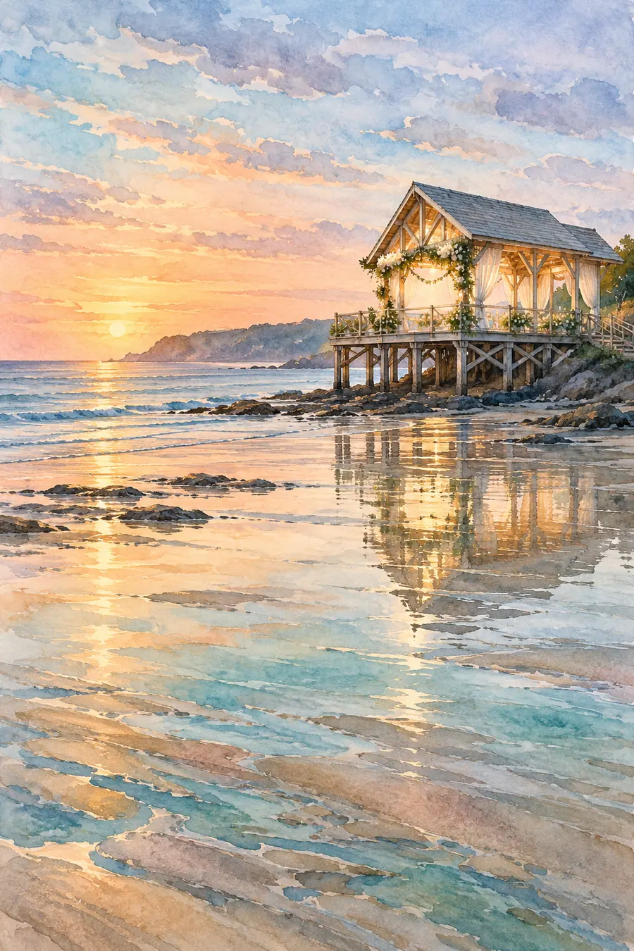 Watercolor painting of a timber coastal wedding pavilion on stilts, reflected in shallow tidal water beneath a peach and blue sunrise sky.