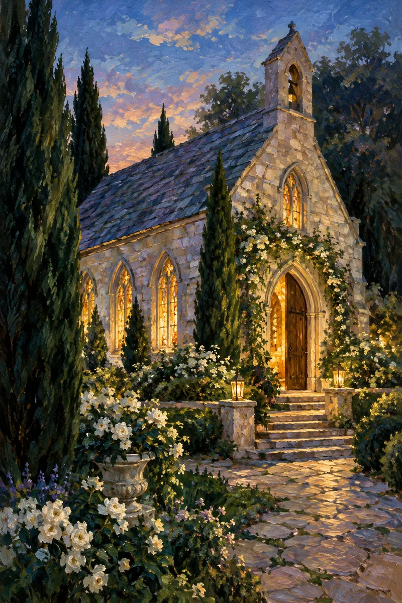 Vertical impressionist painting of a fictional stone chapel with glowing arched windows, garden flowers, cypress trees, and a dusk sky.