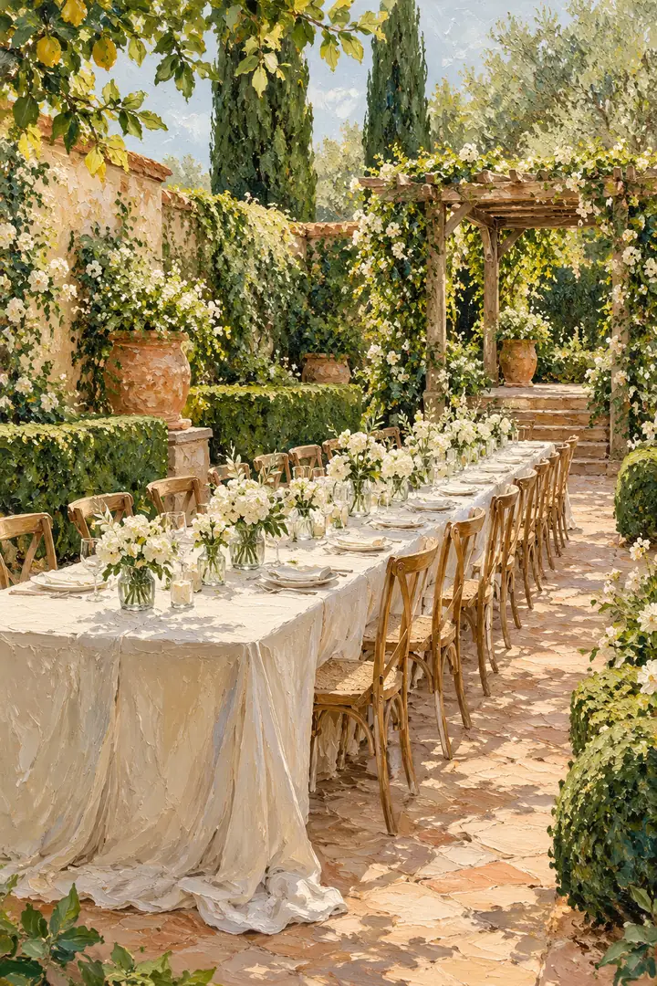Textured acrylic painting of a linen-covered reception table with white flowers leading through a leafy garden toward a wooden pergola.