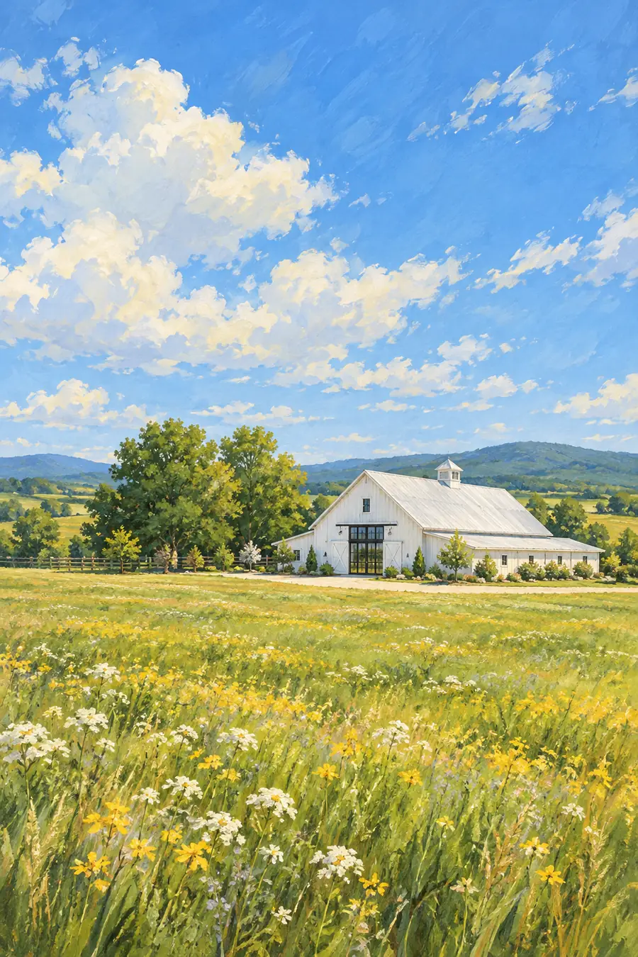 Vertical gouache-style painting of a long white barn in a meadow beneath a broad blue summer sky, with trees to the left and distant hills.