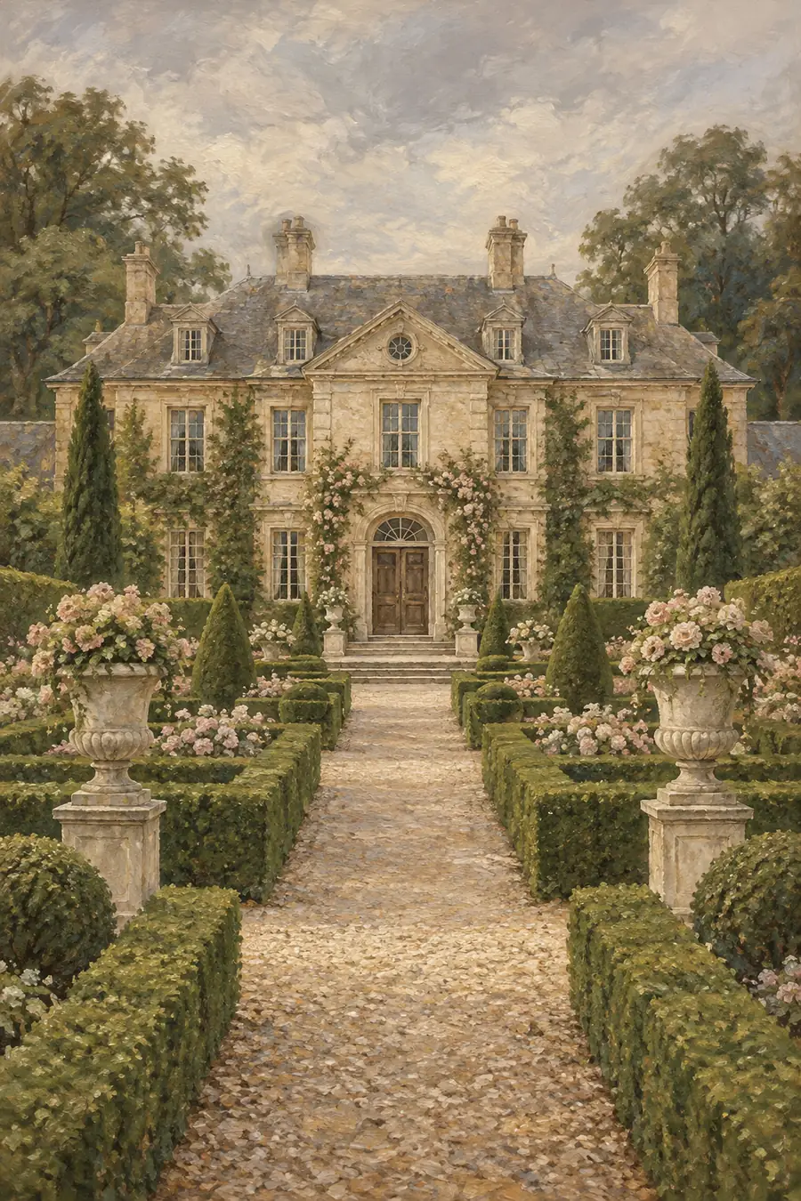 Vintage style painting of a fictional manor wedding venue beyond clipped formal hedges, with a central gravel path and two stone urns.