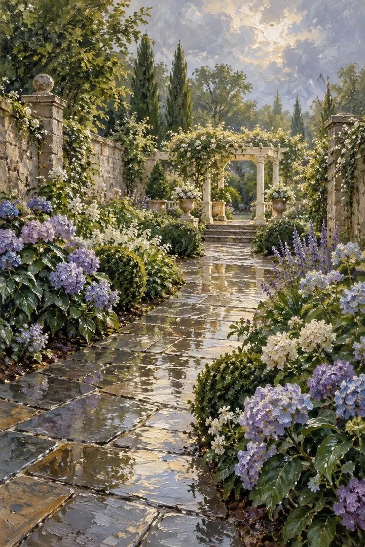 Oil painting of a walled garden wedding venue, with a reflective flagstone path leading toward a pale pergola between hydrangeas and leafy shrubs.