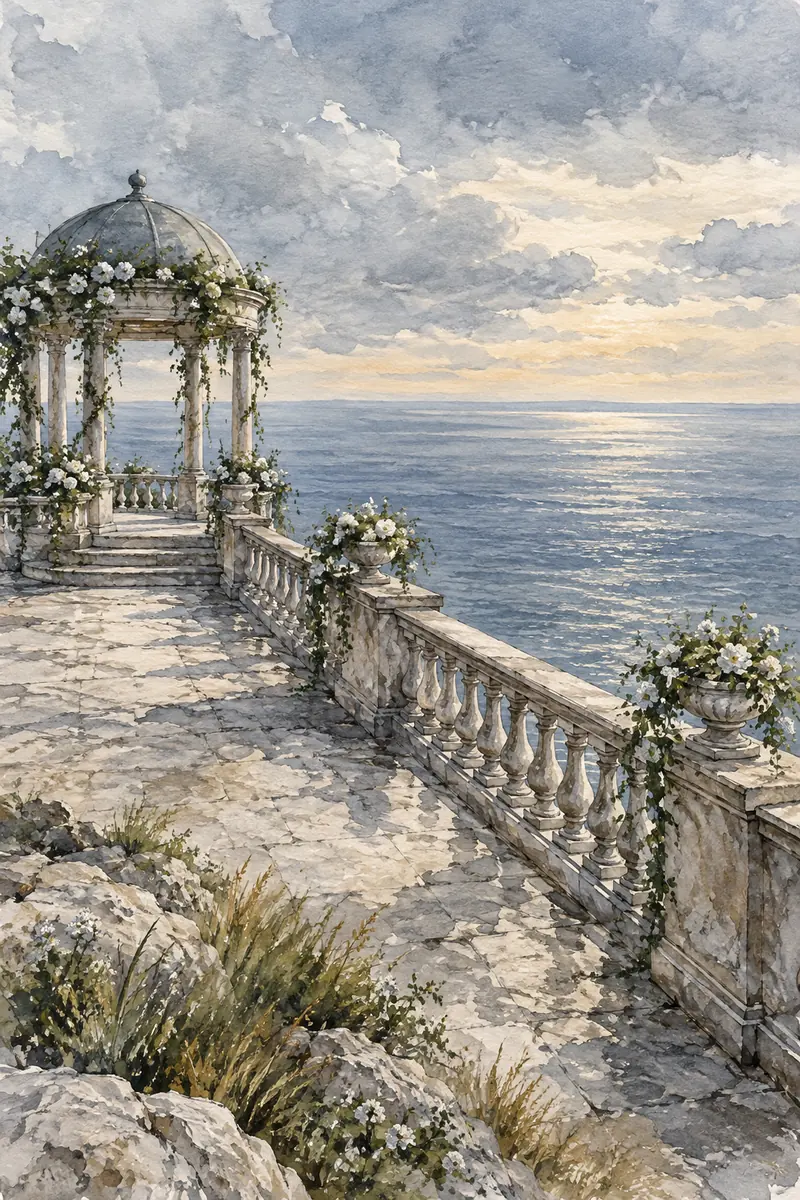 Watercolour painting of a flower-covered pavilion and stone terrace overlooking a calm sea beneath cloudy skies.