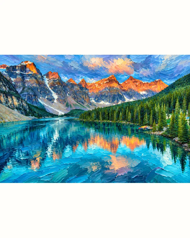Moraine Lake stock photograph transformed into an oil painting